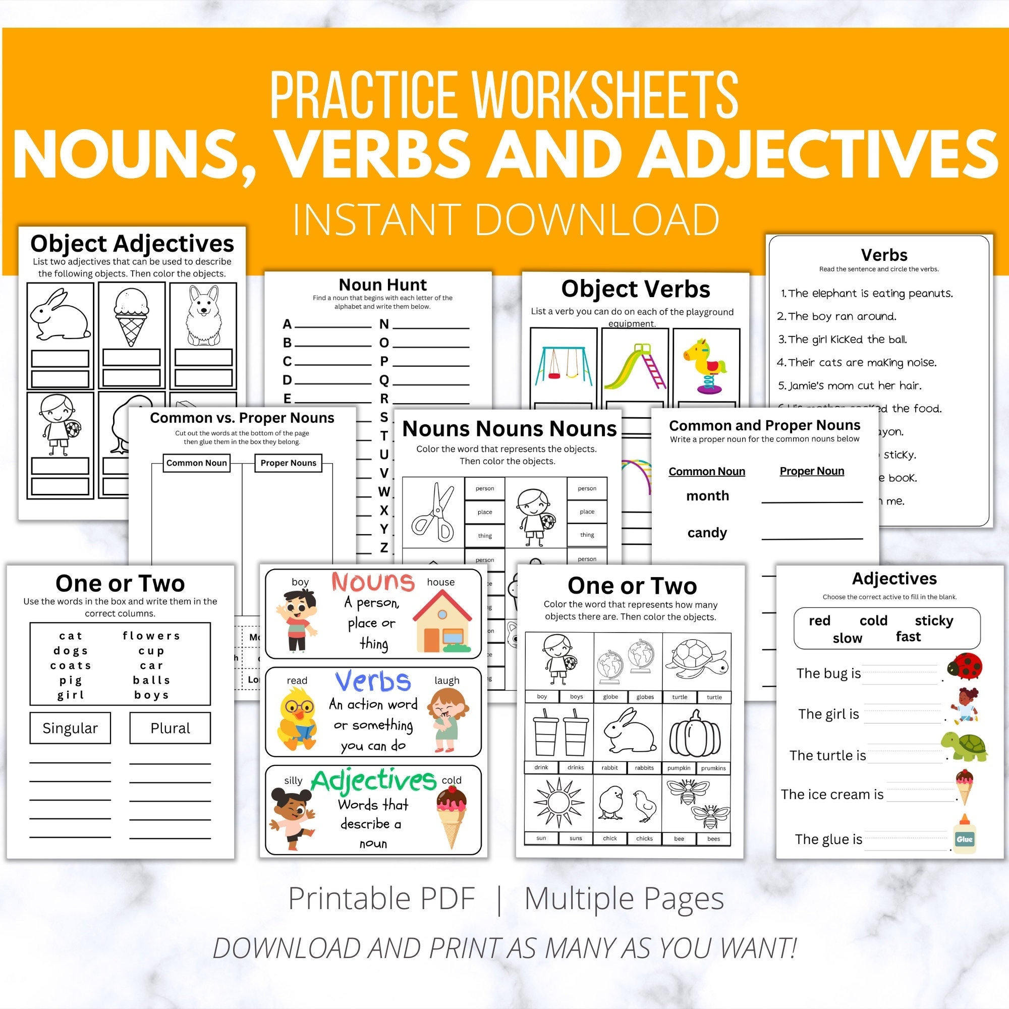 60 Nouns Verbs Adjectives Worksheets Parts Of Speech Classroom 