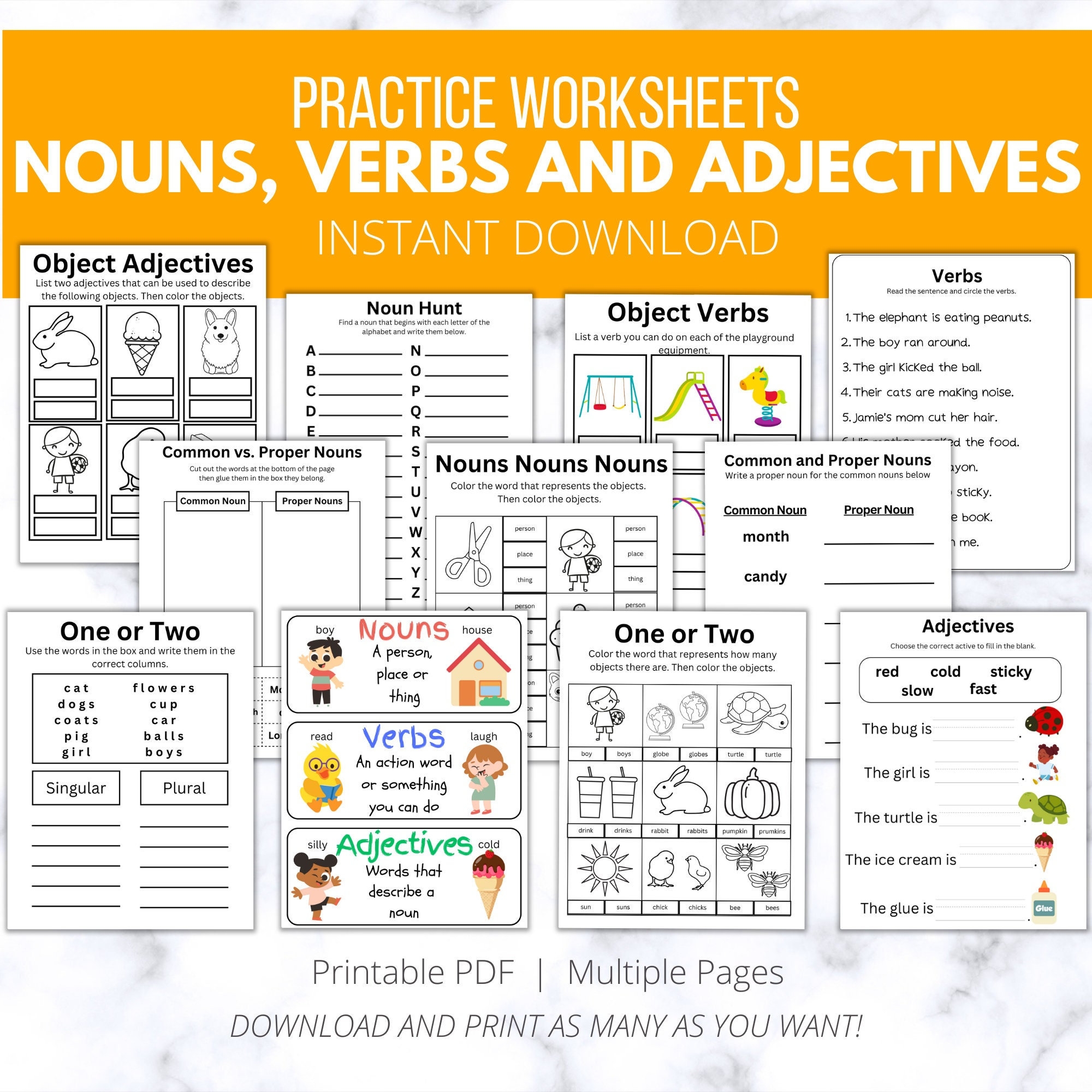 60 Nouns Verbs Adjectives Worksheets Parts Of Speech Classroom 