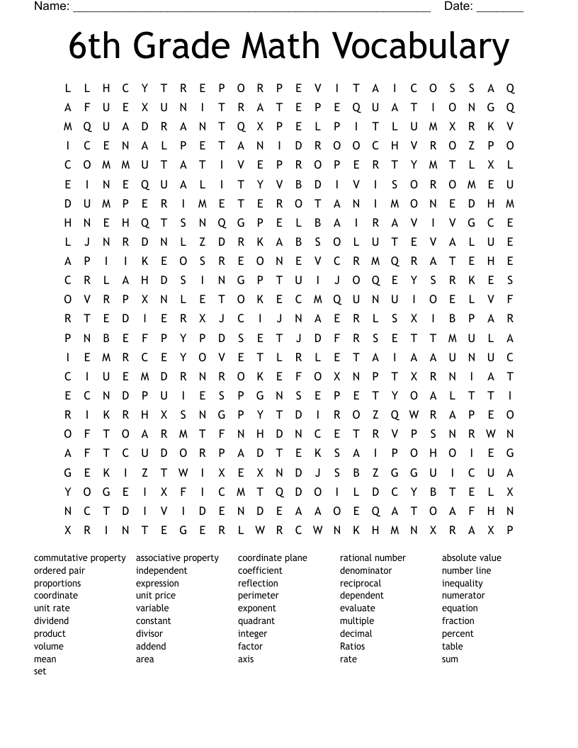 6th Grade Math Vocabulary Word Search WordMint