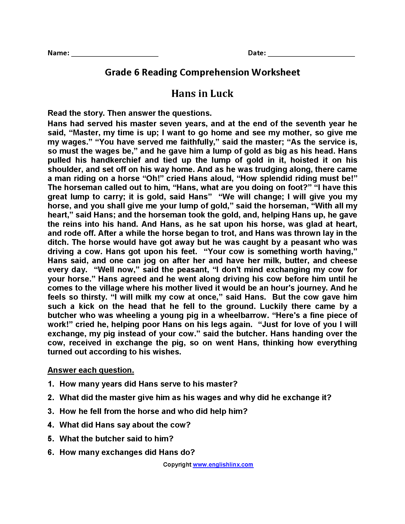 6th Grade Reading Comprehension Worksheets Worksheets Library
