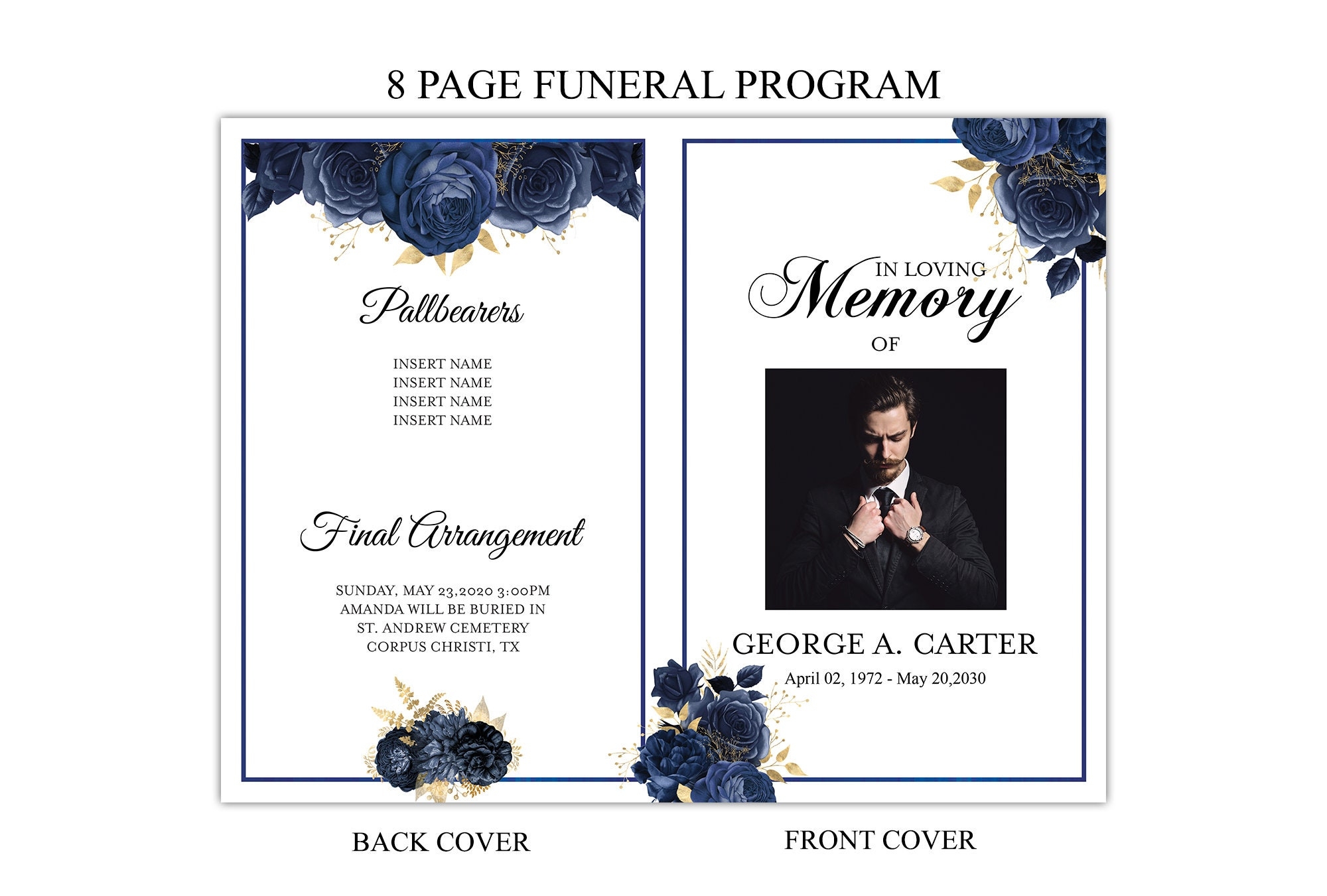 8 Page Obituary Template For Men Editable Navy Blue Rose Template Memorial Ceremony Brochure Etsy