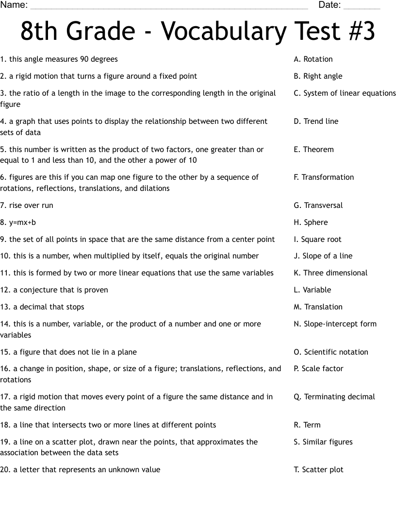 8th Grade Vocabulary Test 3 Worksheet WordMint