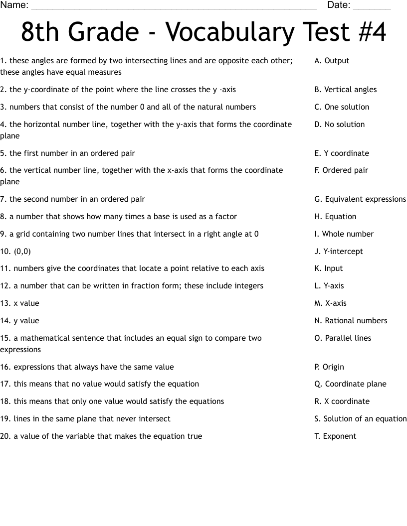8th Grade Vocabulary Test 4 Worksheet WordMint Worksheets Library