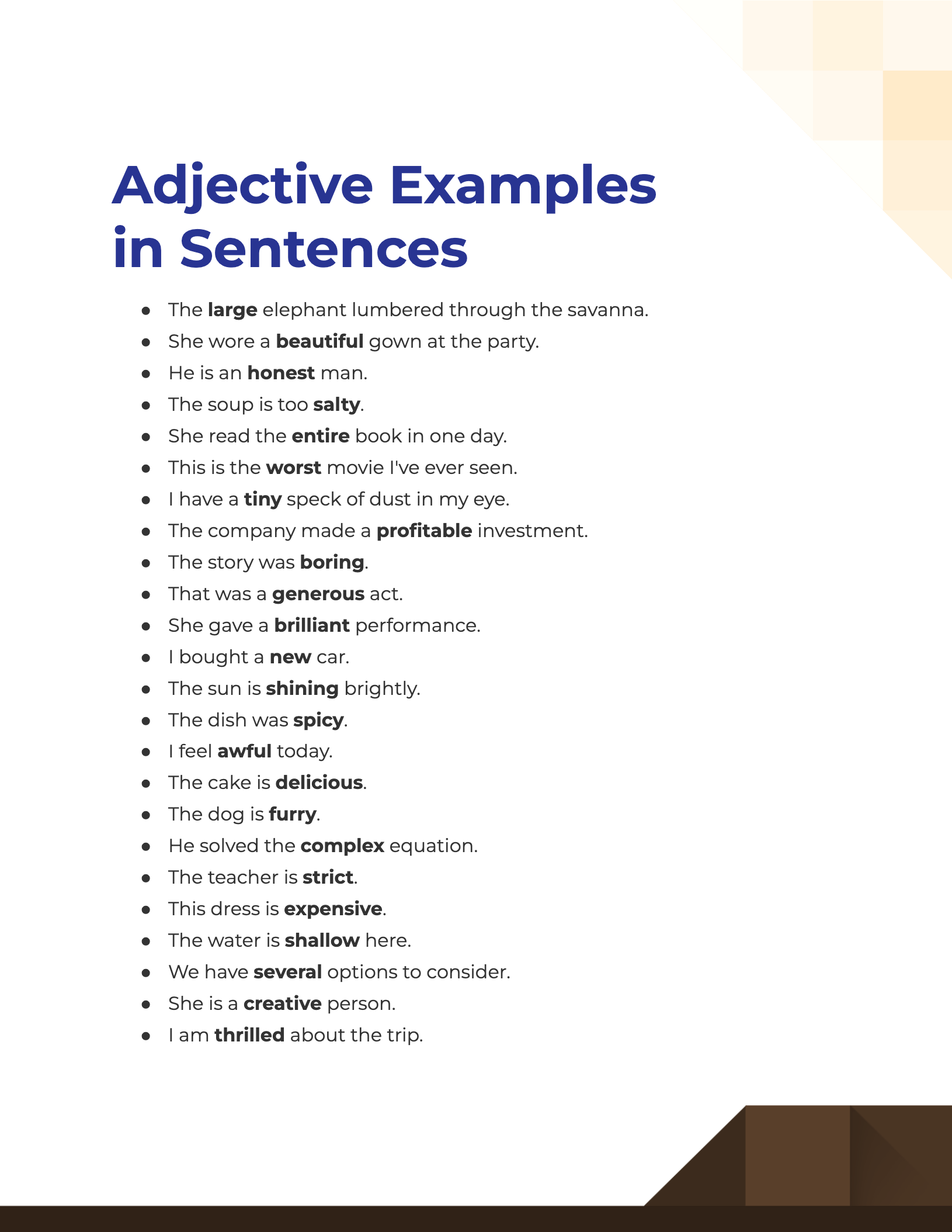noun verb adjective sentences examples