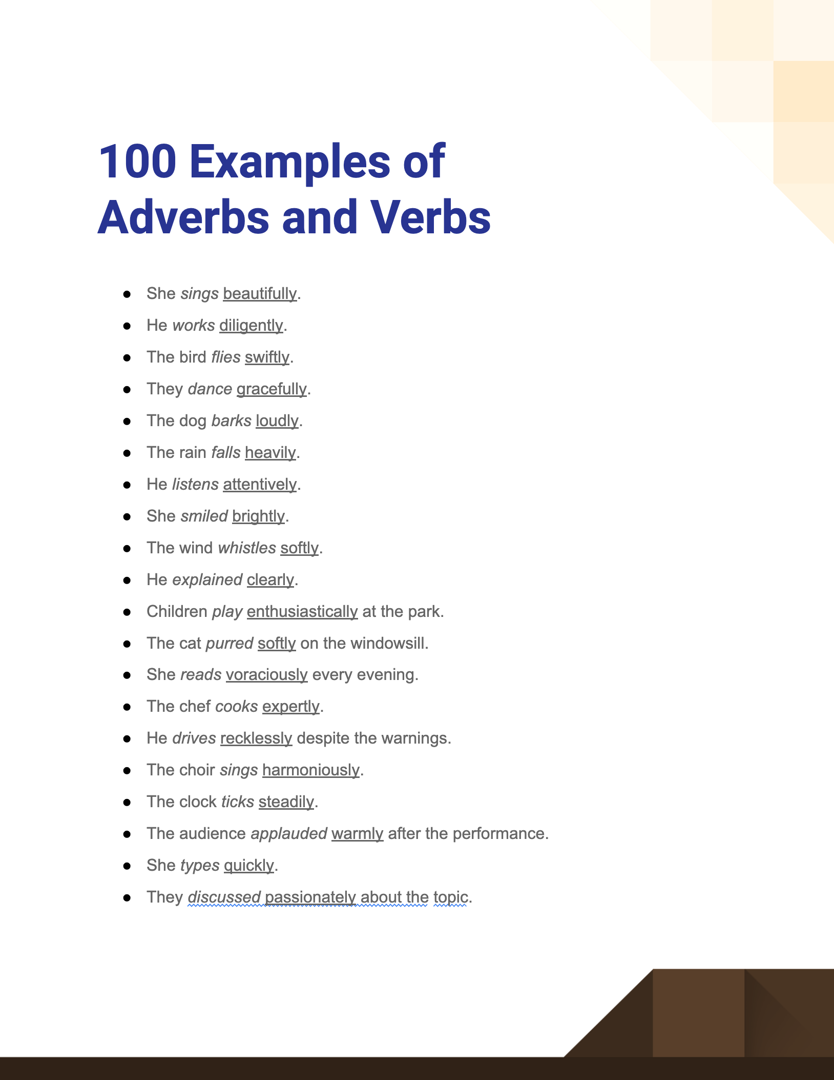 99 Adverbs And Verbs Examples