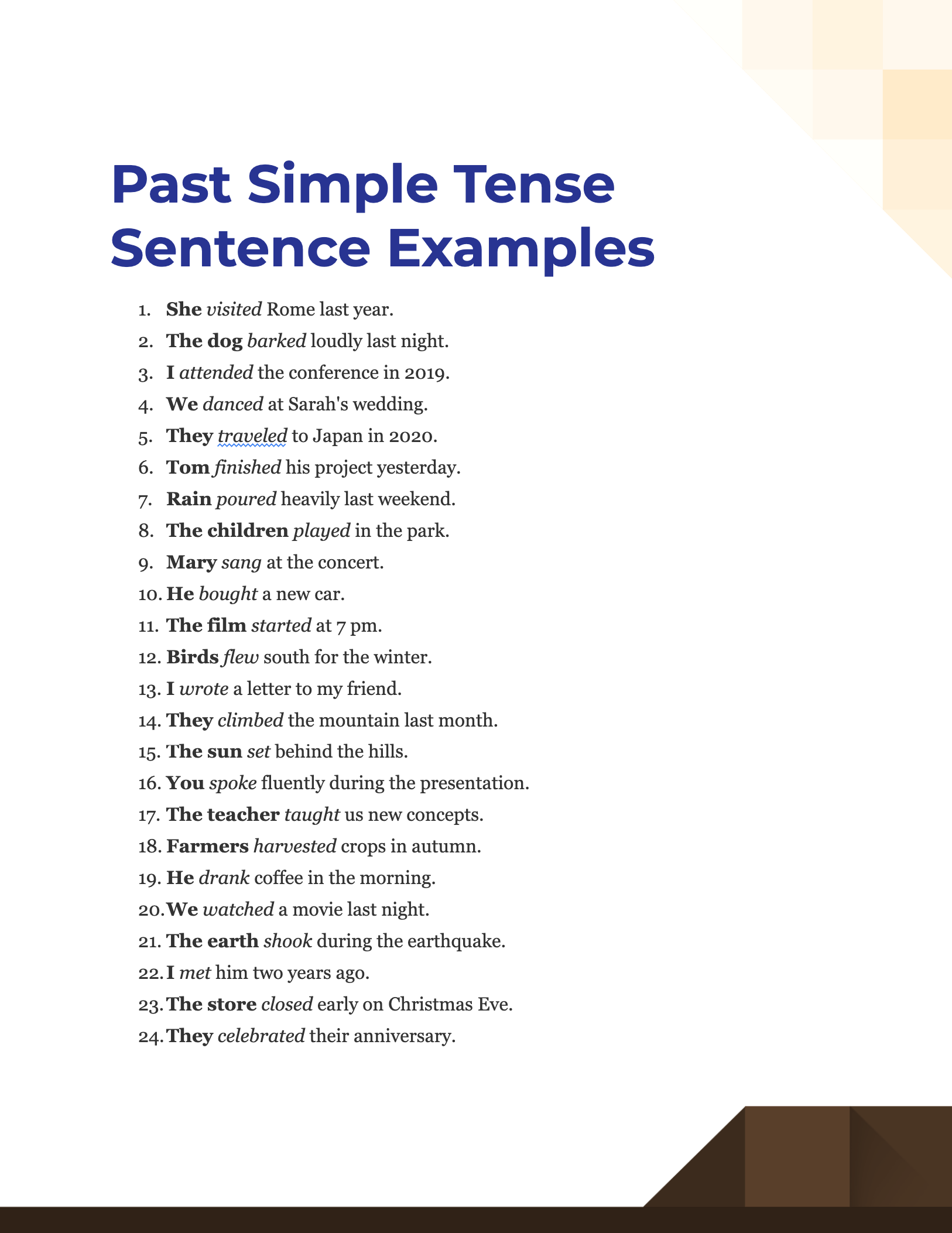 99 Past Simple Tense Sentence Examples