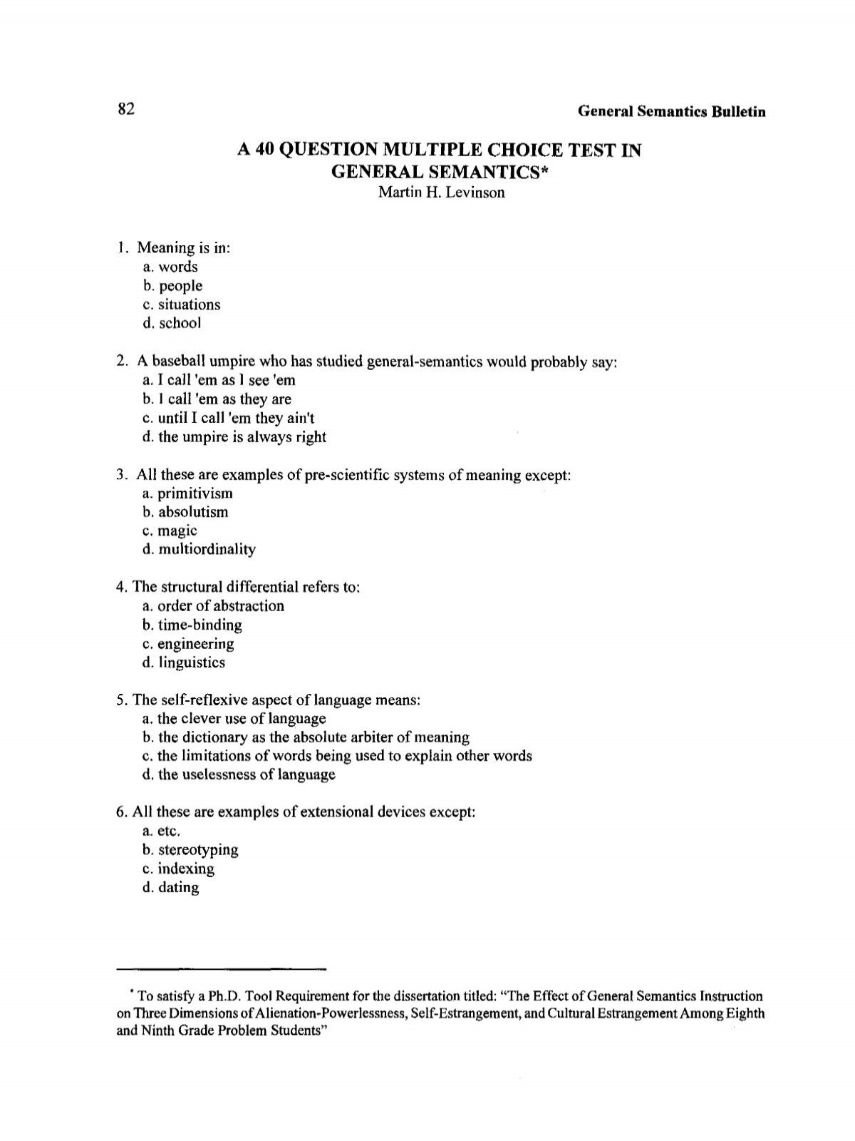 A 40 Question Multiple Choice Test In General Semantics