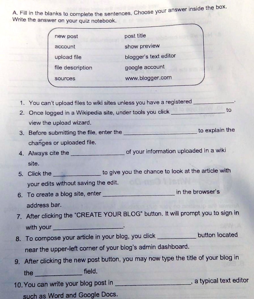 A Fill In The Blanks To Complete The Sentences Choose Your 