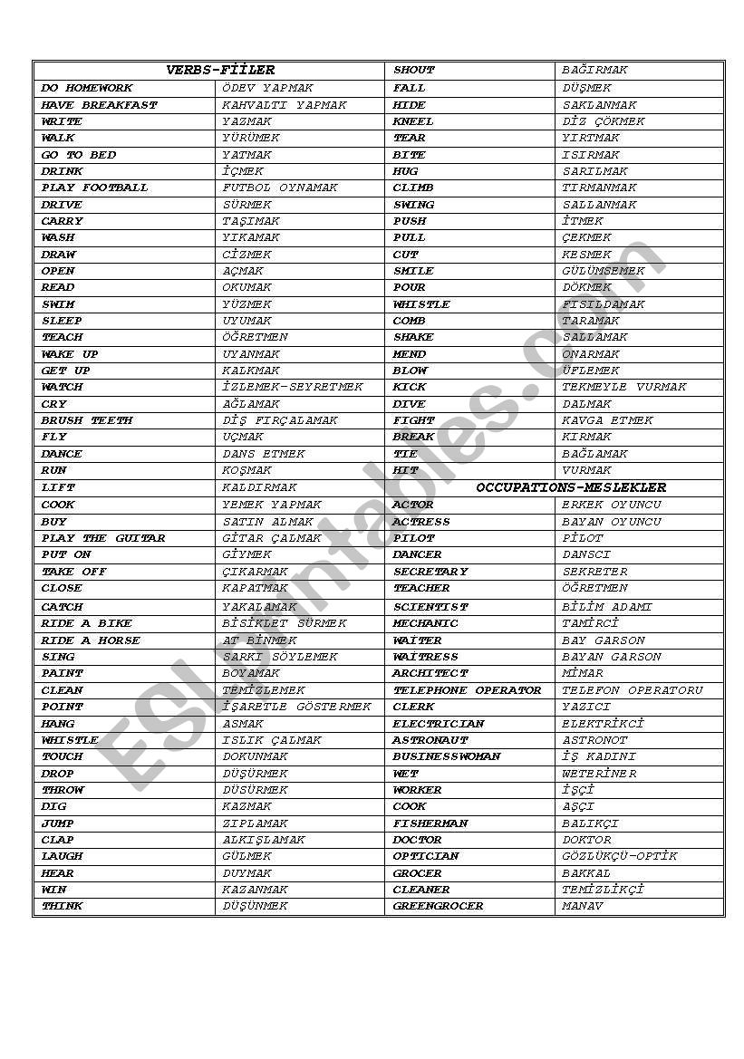 verbs and nouns adjectives list