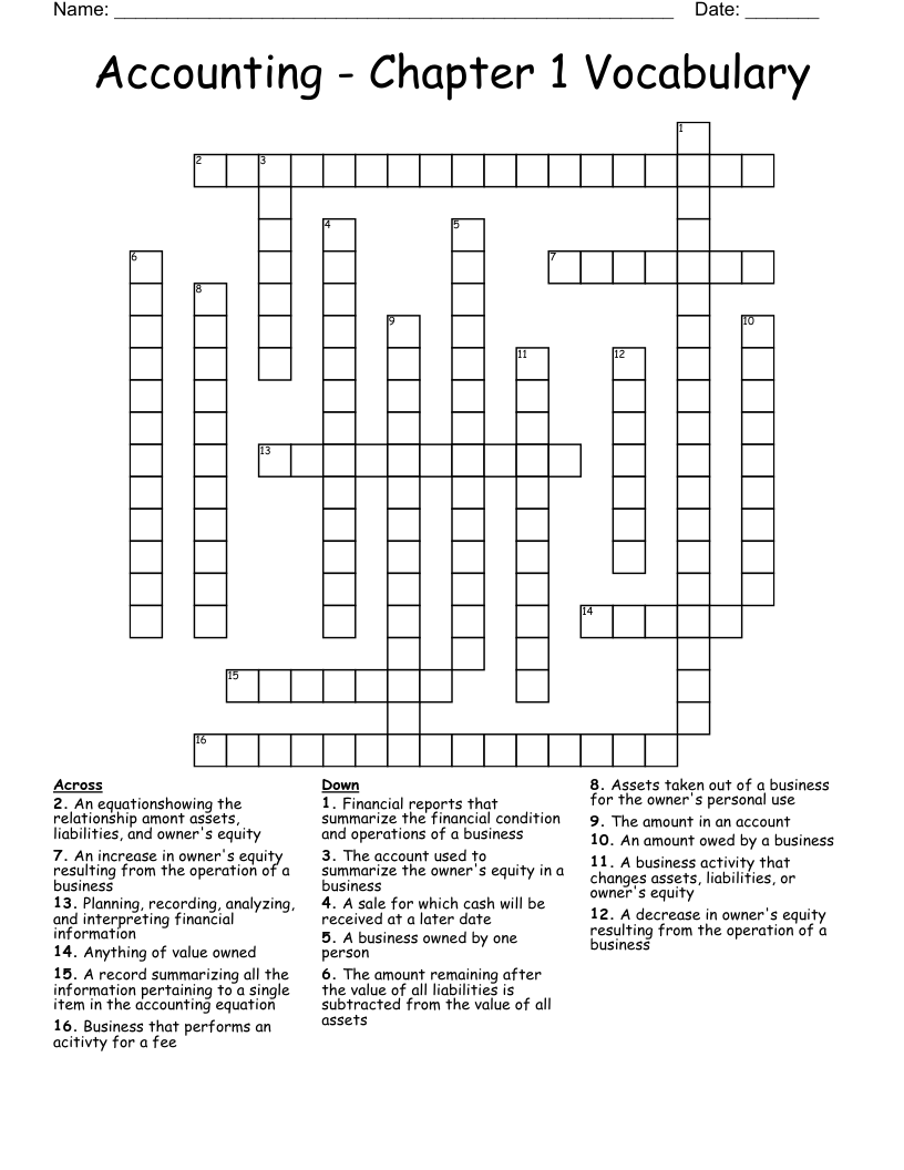 Accounting Chapter 1 Vocabulary Crossword WordMint