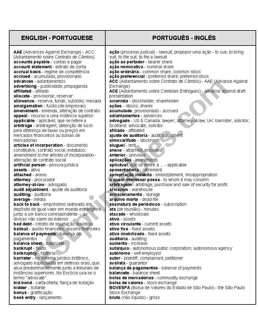 Accounting Terms ESL Worksheet By Garotynho