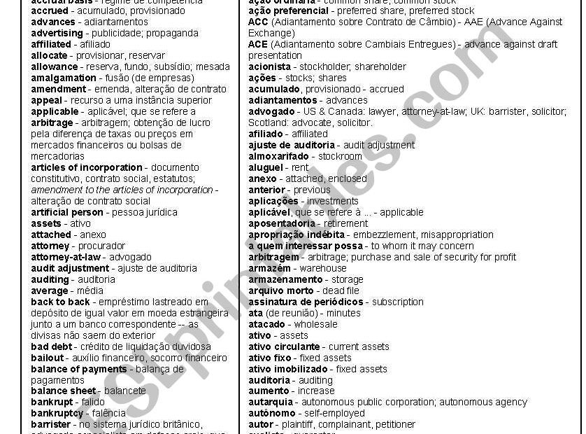 Accounting Terms ESL Worksheet By Garotynho