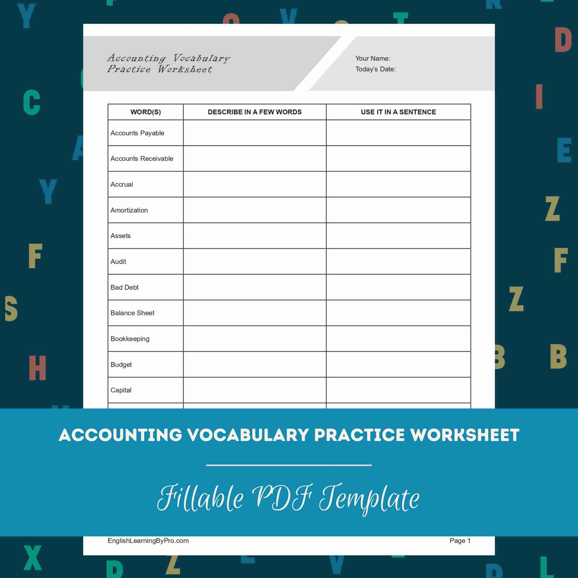 Accounting Vocabulary Practice Worksheet Editable Fillable Printable PDF 