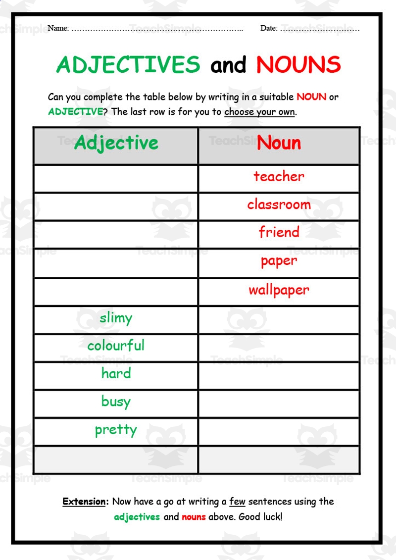 Adjectives And Nouns Worksheet