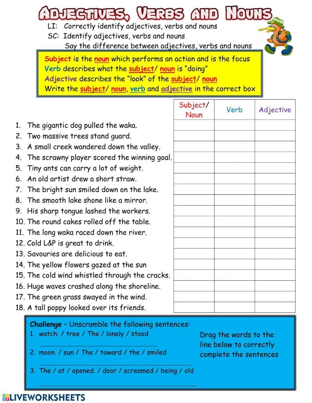 Adjectives Verbs And Nouns Worksheet Live Worksheets Worksheets Library