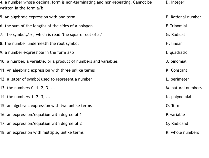 Algebra 1 Unit 1 Vocab Worksheet WordMint