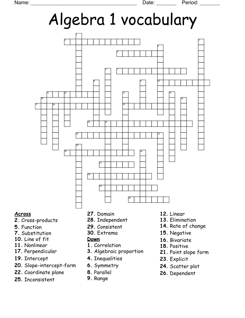 Algebra 1 Vocabulary Crossword WordMint