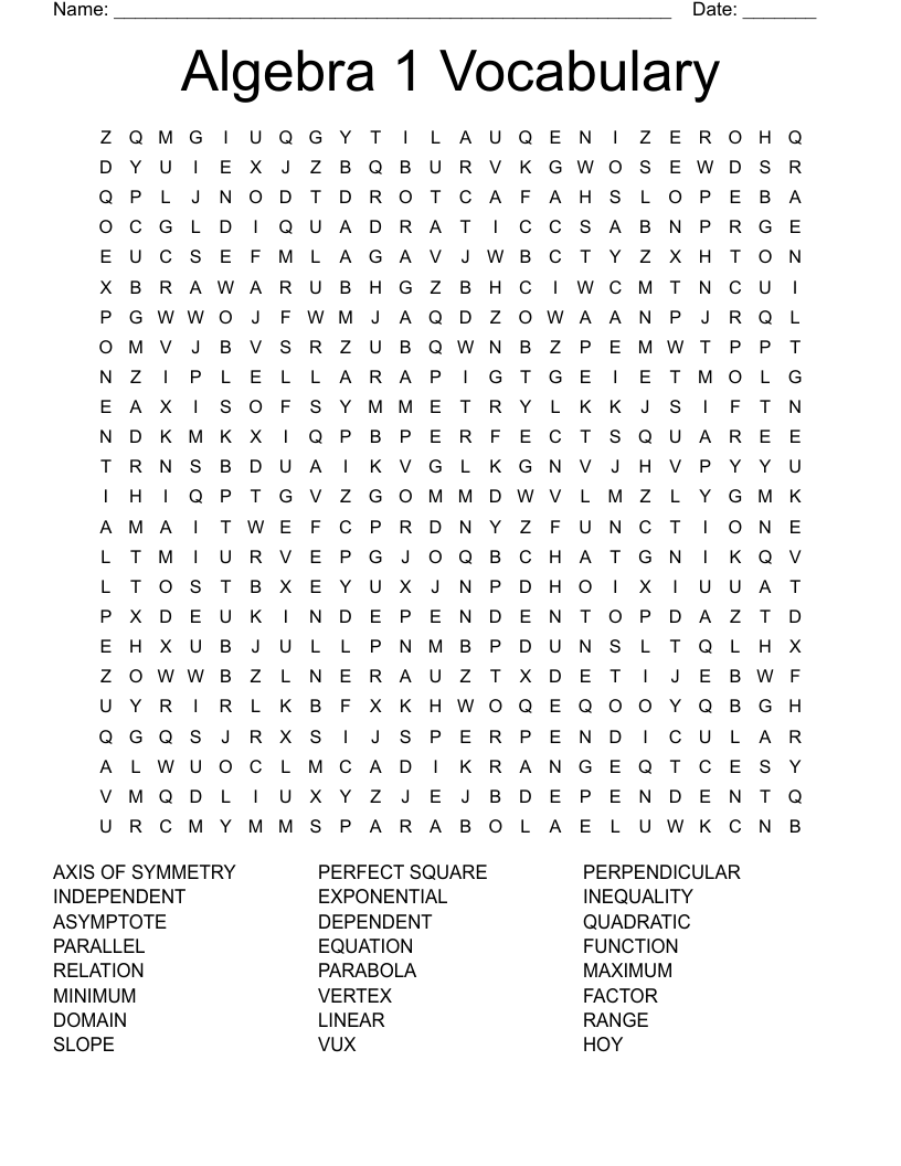 Algebra 1 Vocabulary Word Search WordMint