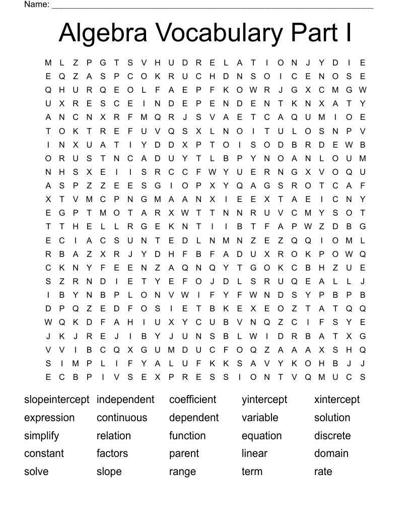 Algebra Vocabulary Part I Word Search WordMint