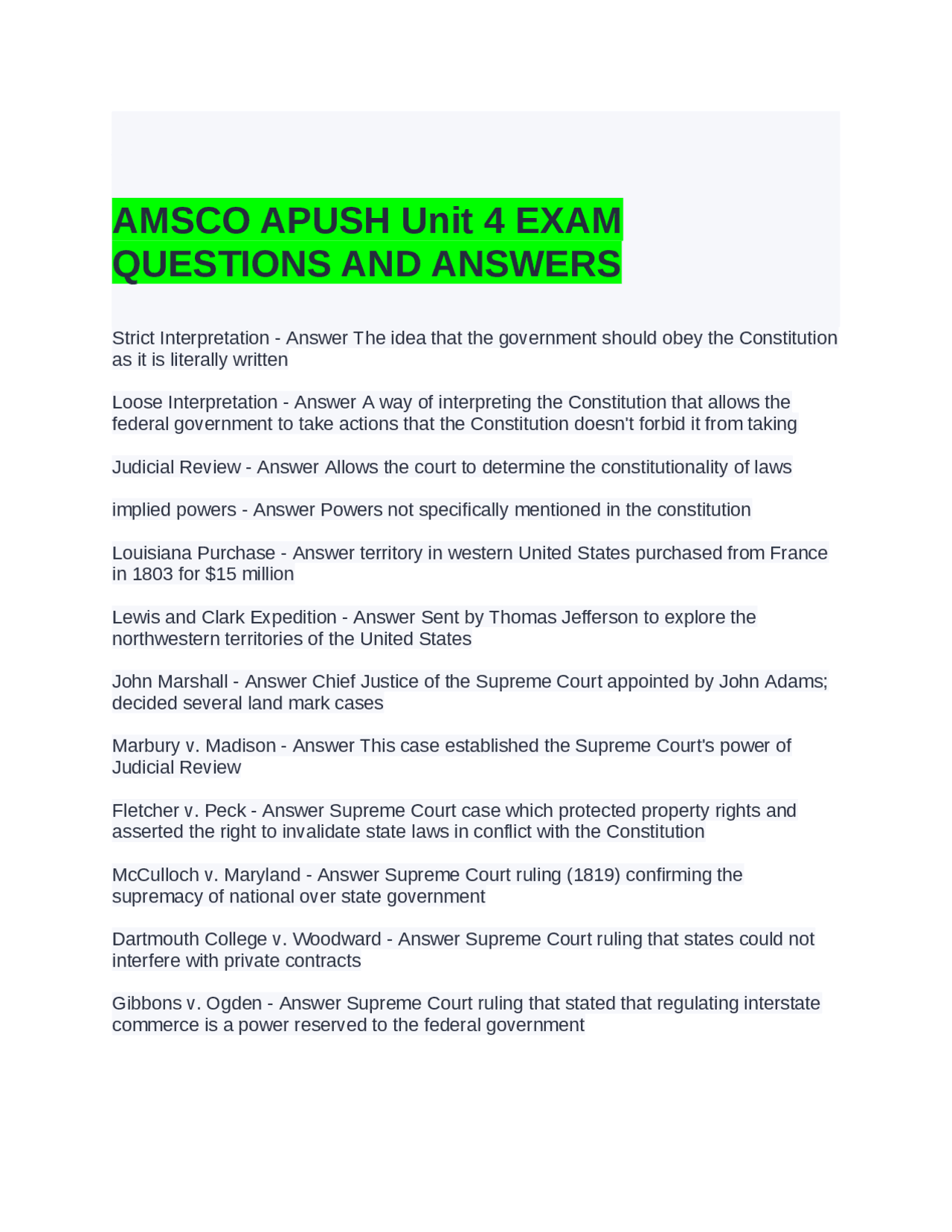 AMSCO APUSH Unit 4 EXAM QUESTIONS AND ANSWERS Exams Advanced Education Docsity
