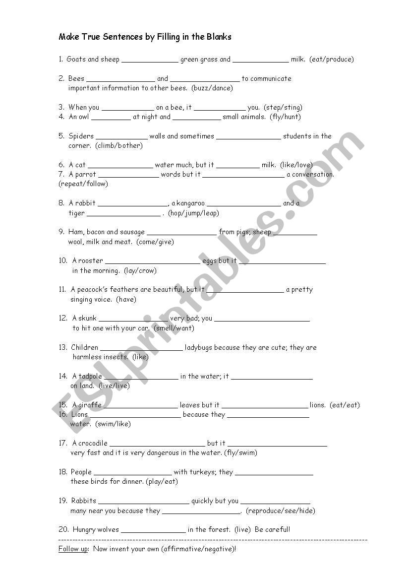 Animal Facts Fill In The Blank With The Correct Form Of The Present Simple Affirmative Or Negative ESL Worksheet By Deeedee