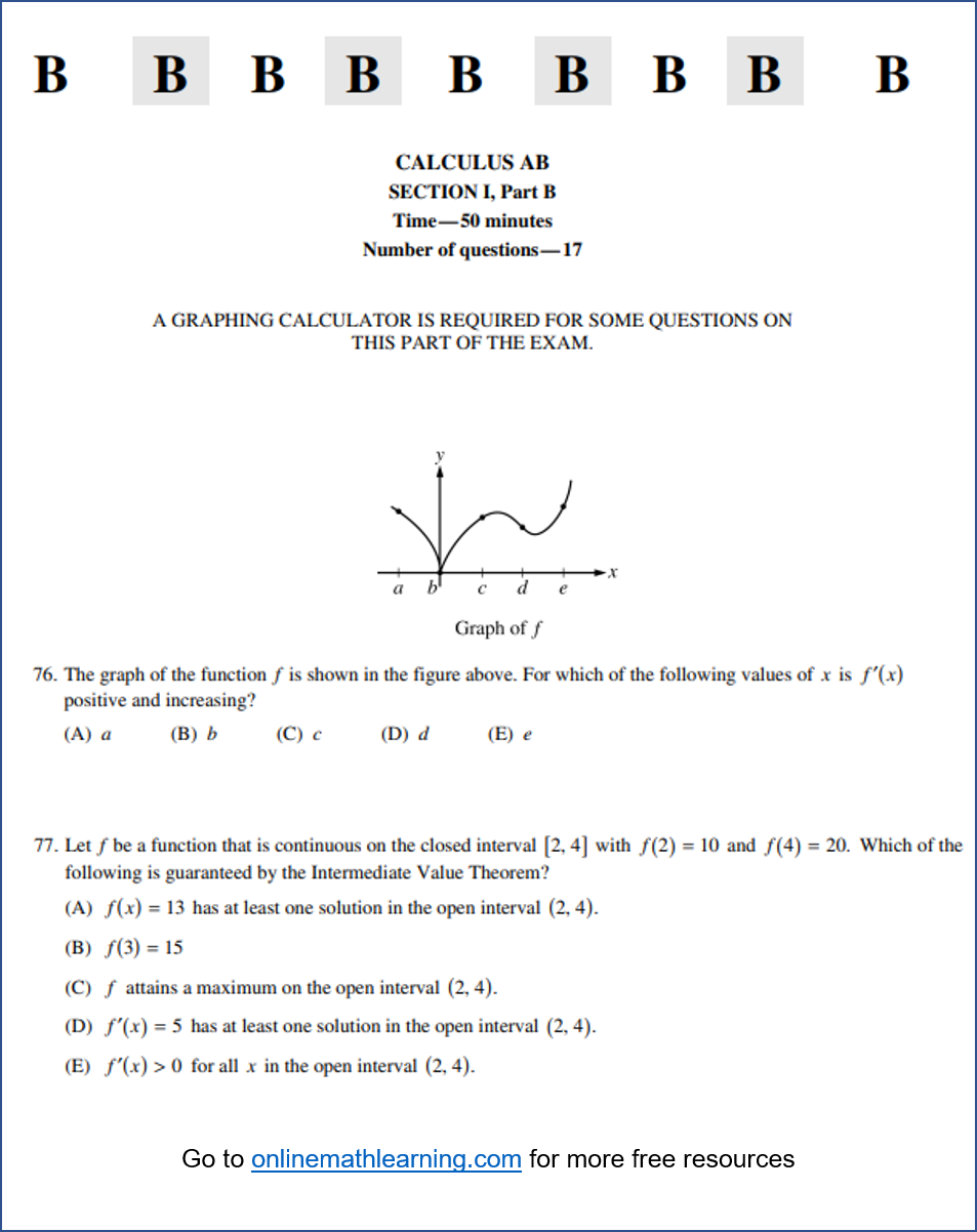 AP Calculus AB Multiple Choice 2012 Exam Part B videos Questions 