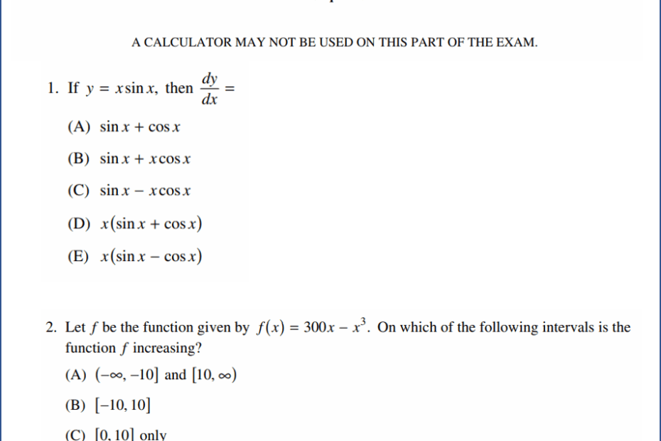 AP Calculus AB Multiple Choice 2012 Exam videos Questions