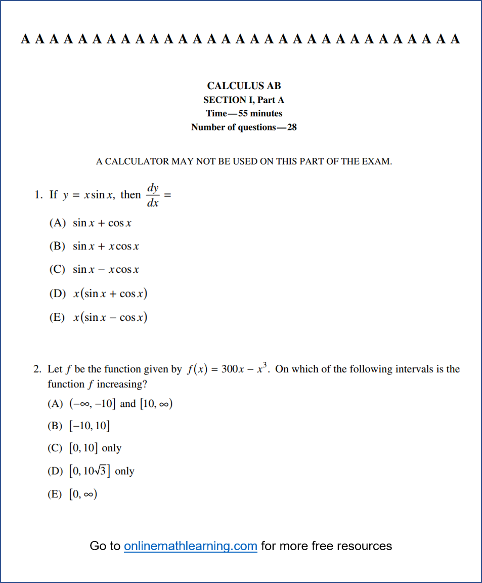 AP Calculus AB Multiple Choice 2012 Exam videos Questions Solutions 