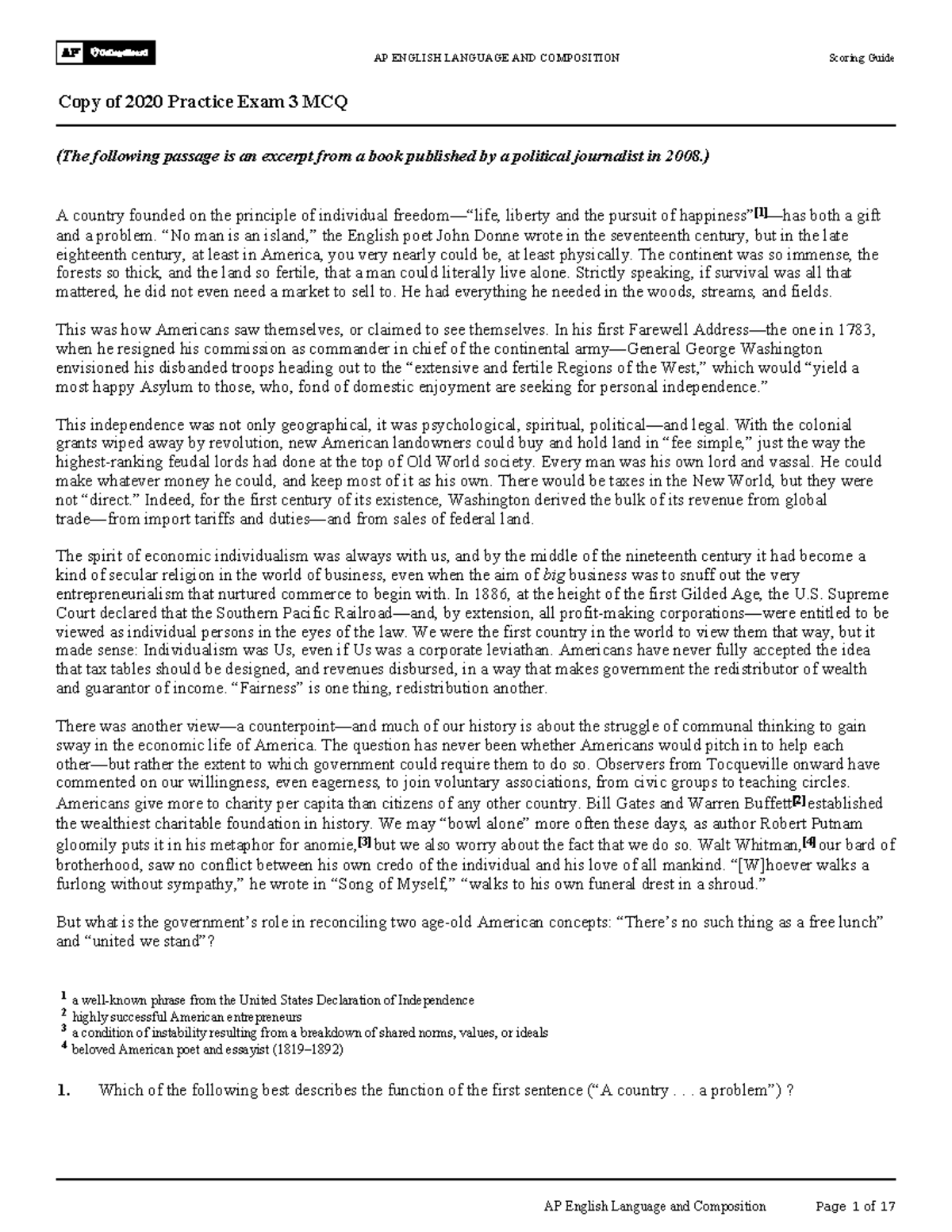 AP ENGLISH LANGUAGE AND COMPOSITION Full Test 3 Answer Key Studocu