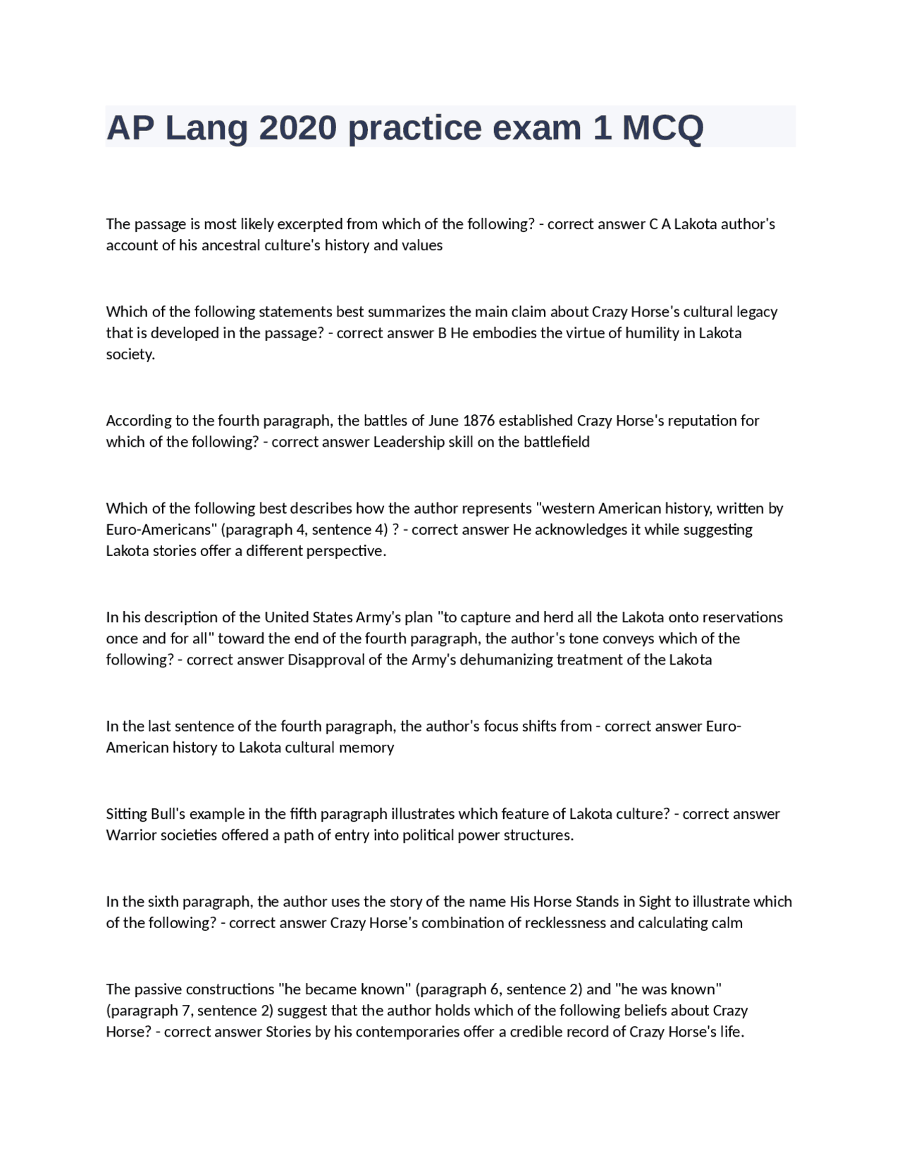AP Lang 2020 Practice Exam 1 MCQ Questions With Complete Solution Exams Nursing Docsity