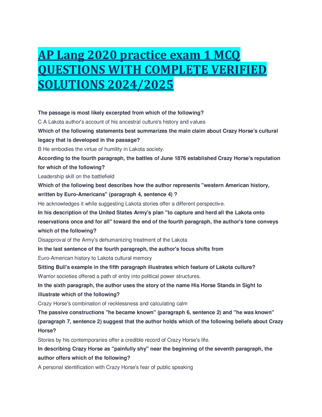 AP Lang 2020 Practice Exam 1 MCQ QUESTIONS WITH COMPLETE VERIFIED 