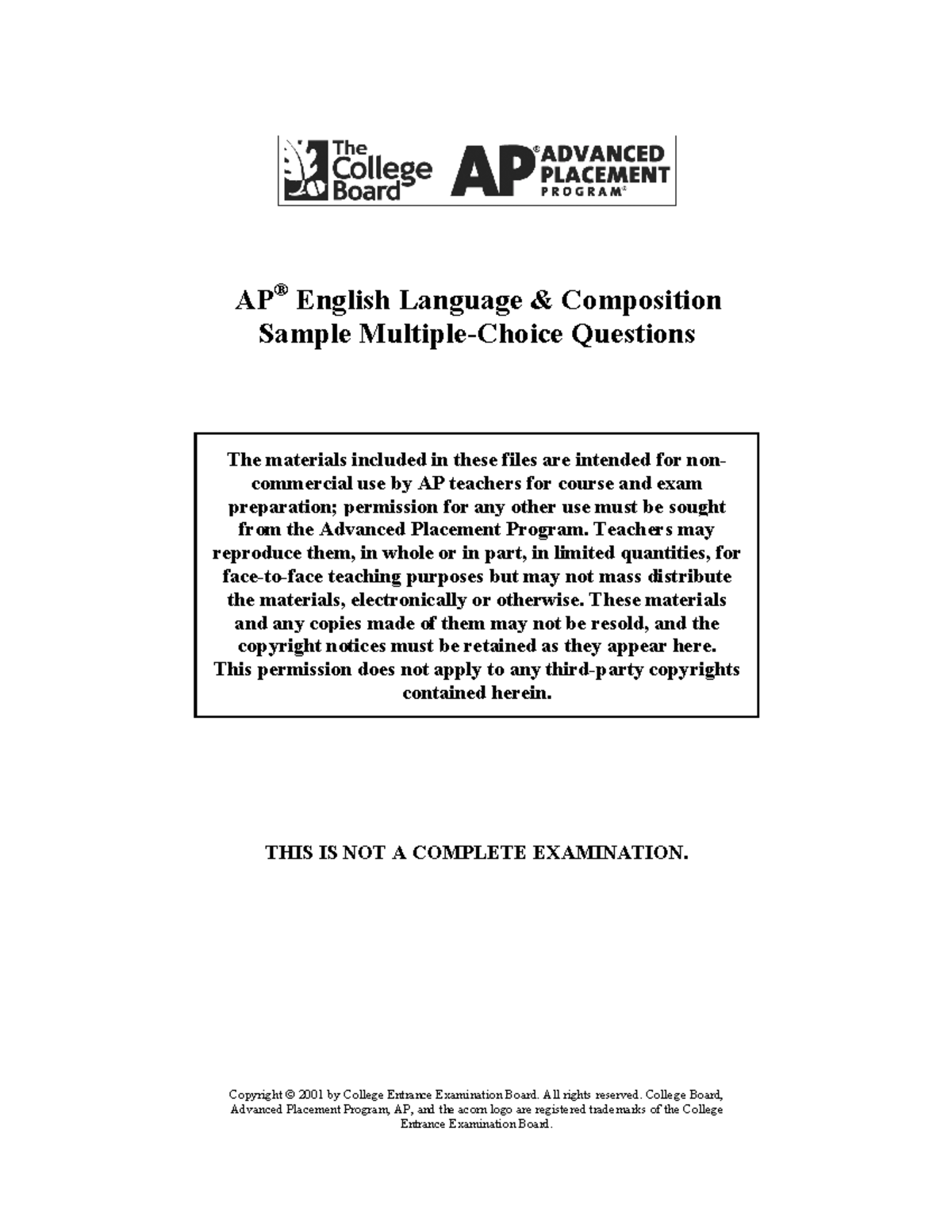 Ap Lang Multiple Choice Practice AP English Language U0026amp Composition Sample Multiple Choice Studocu