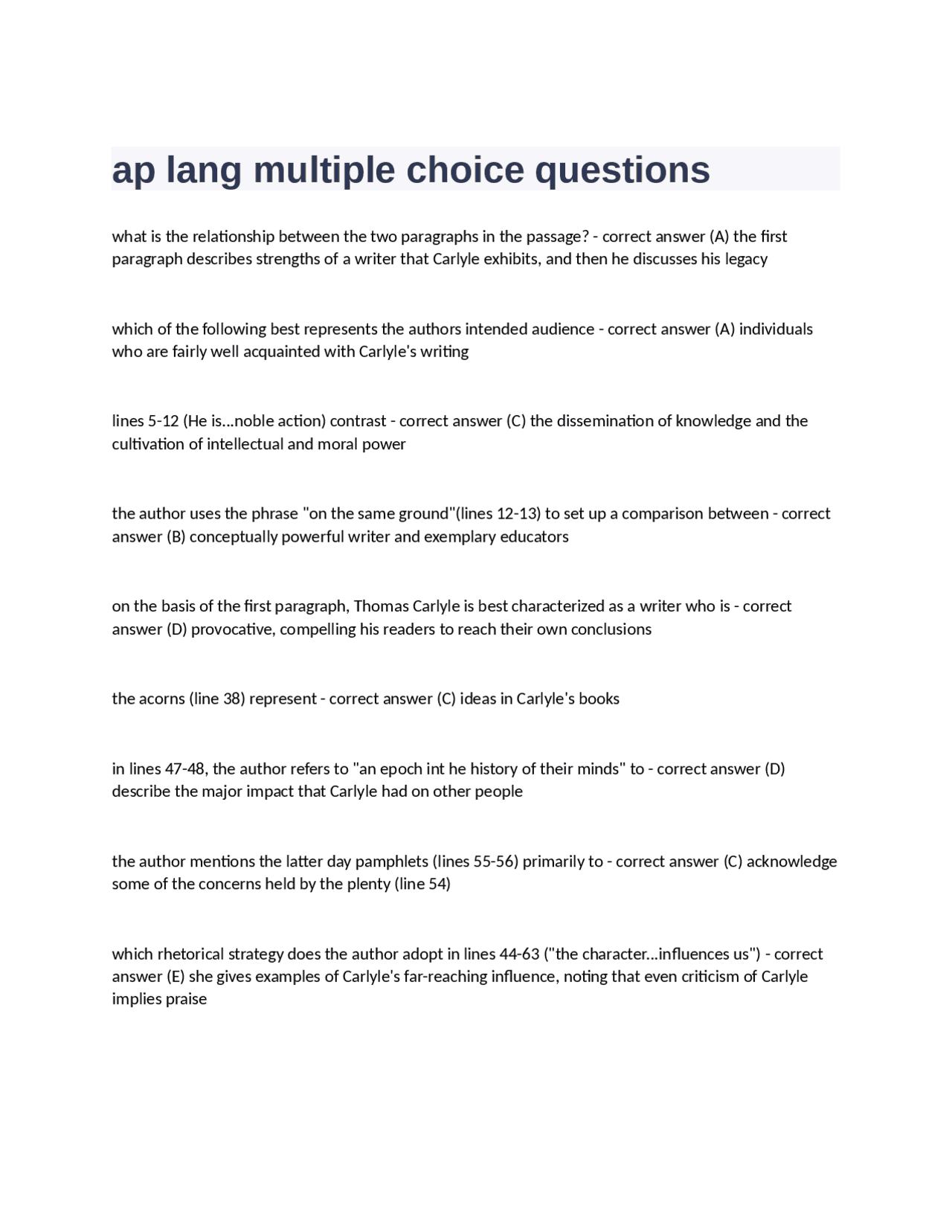 AP Language And Composition Multiple Choice Questions Thomas Carlyle And Utopia Exams Nursing Docsity