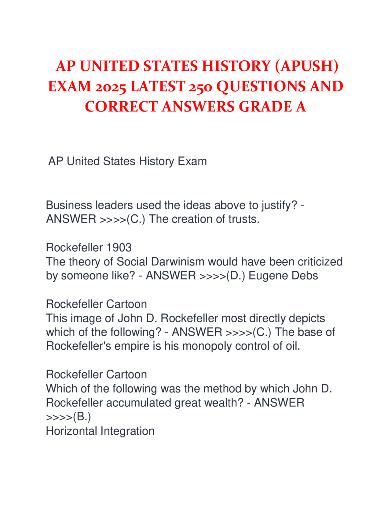 AP United States History APUSH Exam 2025 250 Questions And 