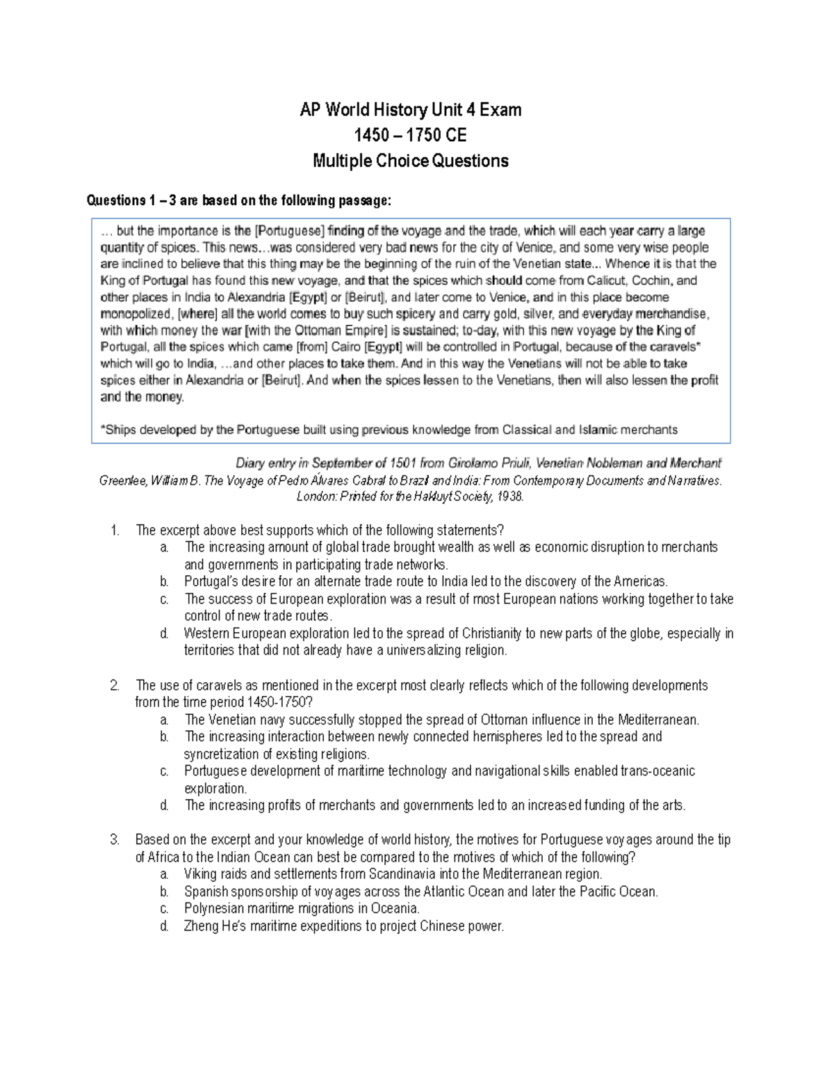 Apmwh 1450 1750 MCQs 2021 AP World History Unit 4 Exam 1450 