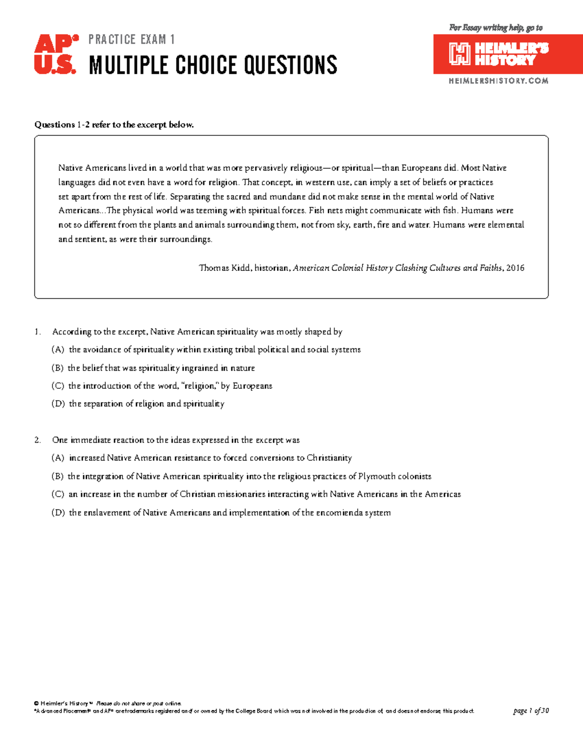 Apush Practice Exam 1 Notes For MCQ Heimler s History 
