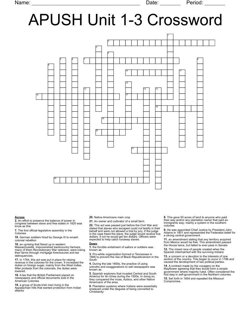 APUSH Unit 1 3 Crossword WordMint
