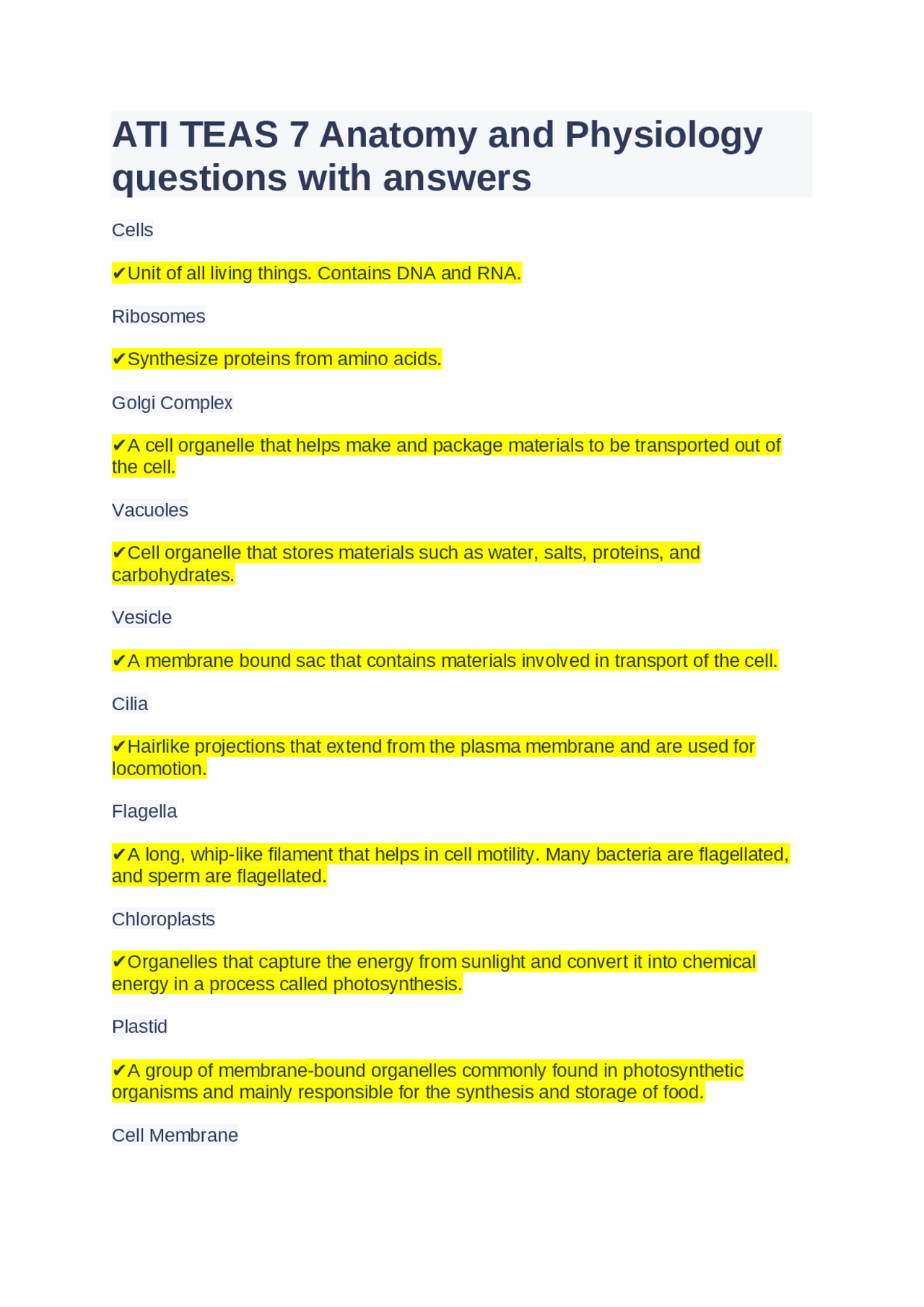 ATI TEAS 7 Anatomy And Physiology Questions With Answers Exams Nursing Docsity