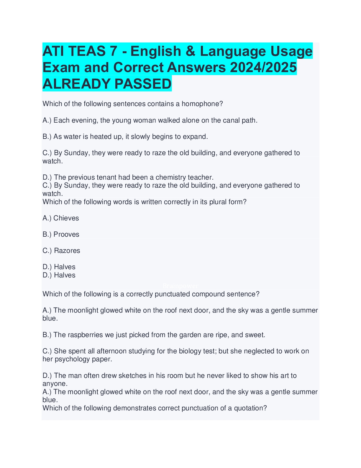 ATI TEAS 7 English 100 VERIFIED ANSWERS 2024 2025 ALREADY PASSED DocMerit
