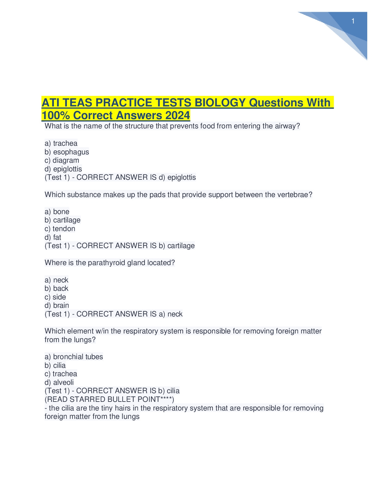 ATI TEAS PRACTICE TESTS BIOLOGY Questions With 100 Correct 