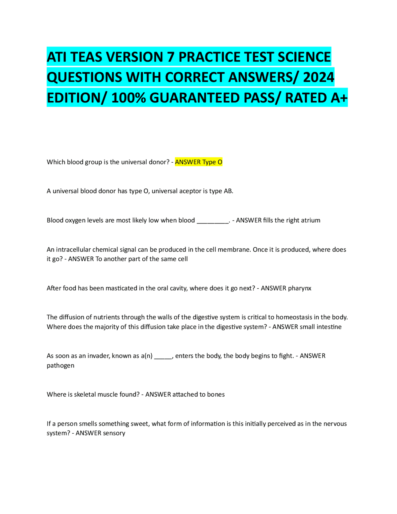 ATI TEAS Version 7 Practice Test Science Questions With Correct Answers Exams Nursing Docsity