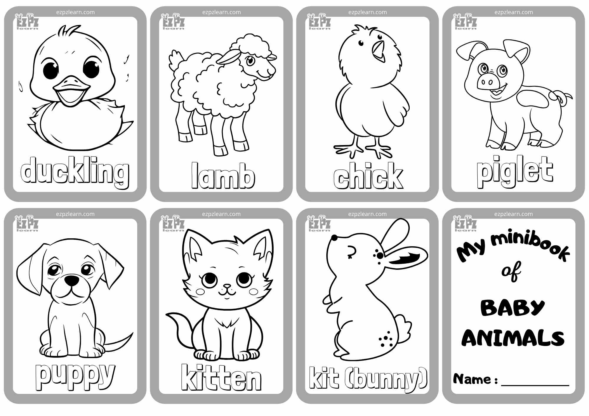 Baby Animals Mini Flashcards For Coloring Great For Kindergarten And English Language Learners Set 2 Ezpzlearn