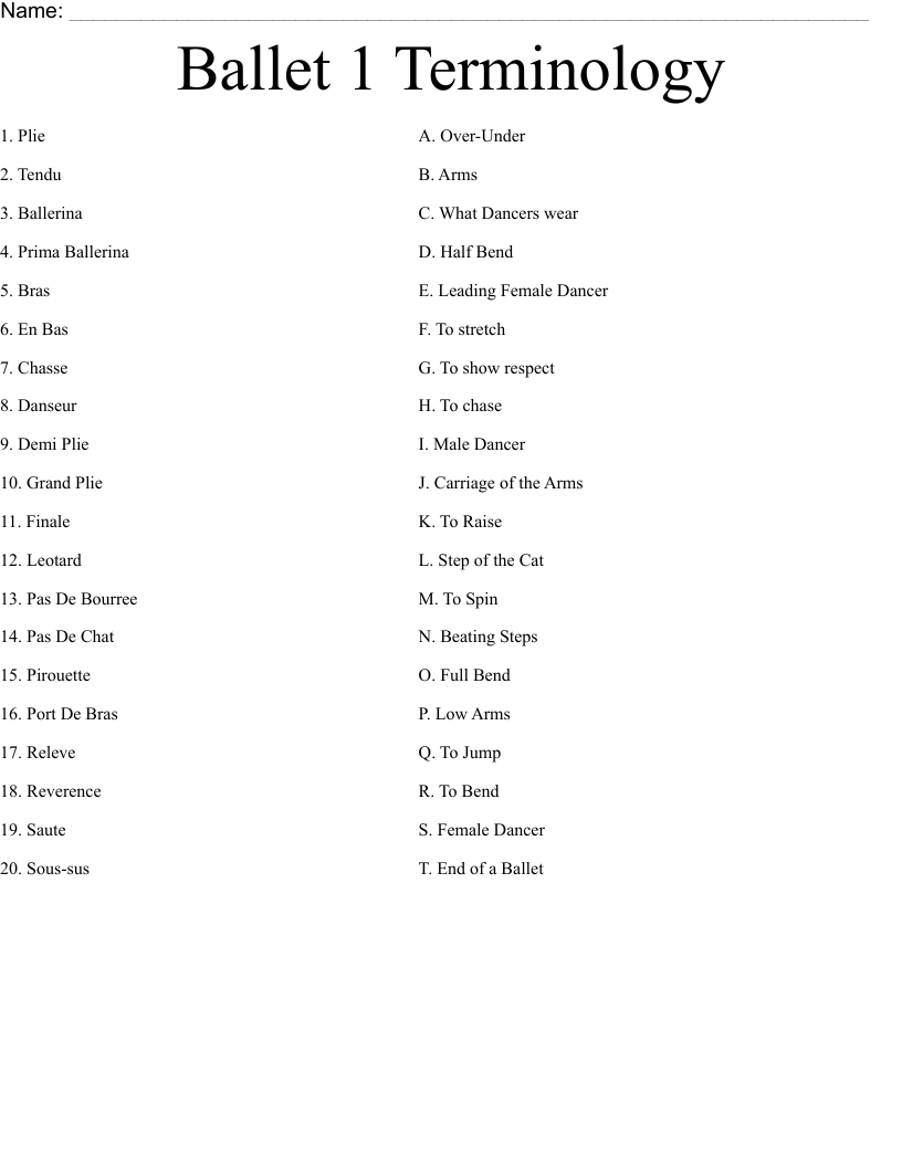 Ballet 1 Terminology Worksheet WordMint