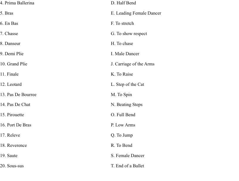 Ballet 1 Terminology Worksheet WordMint