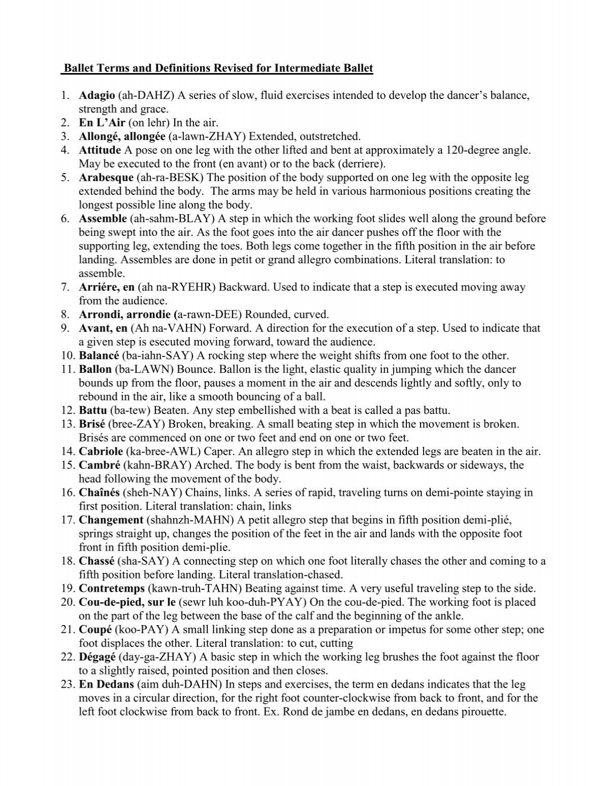 Ballet Terms And Definitions Revised For Intermediate Ballet 