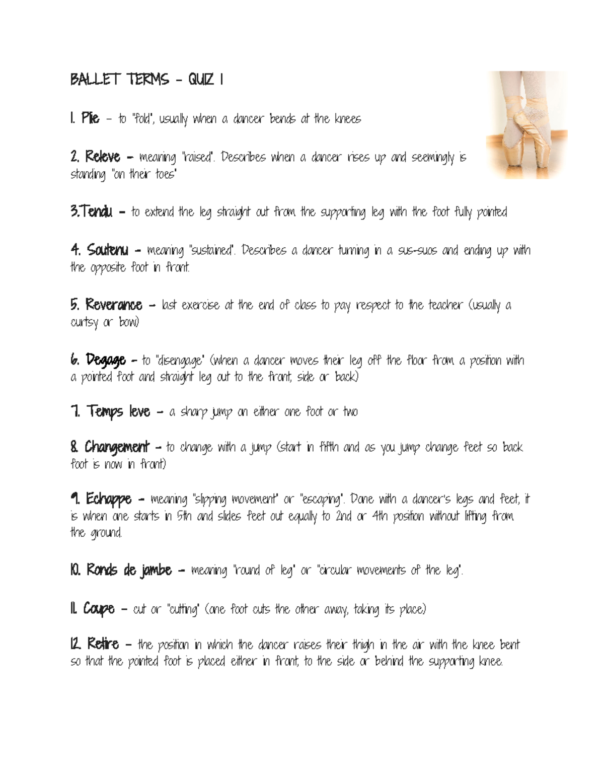 Ballet Terms Lecture Notes Notes BALLET TERMS QUIZ 1 1 