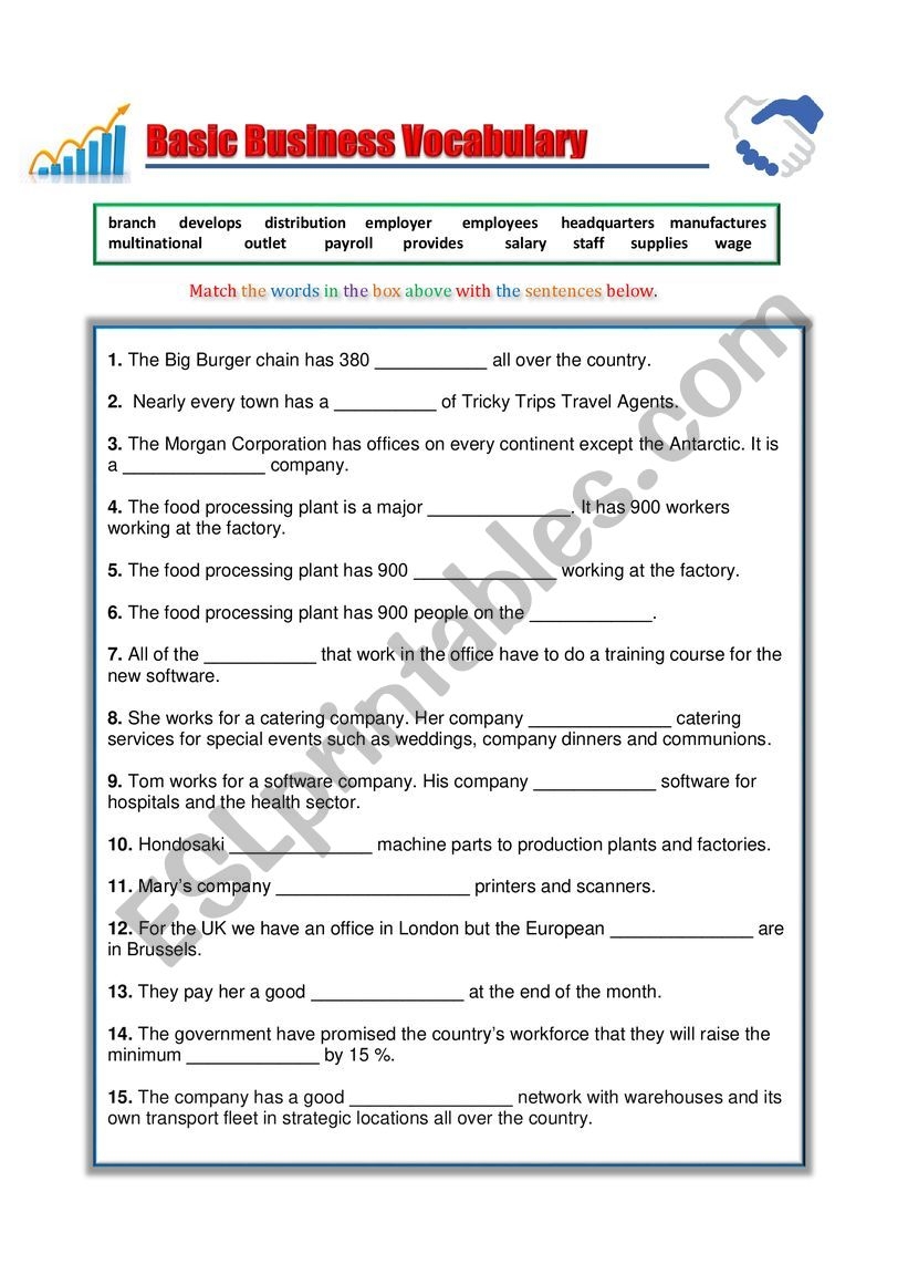 Basic Business English Vocabulary ESL Worksheet By Spinney