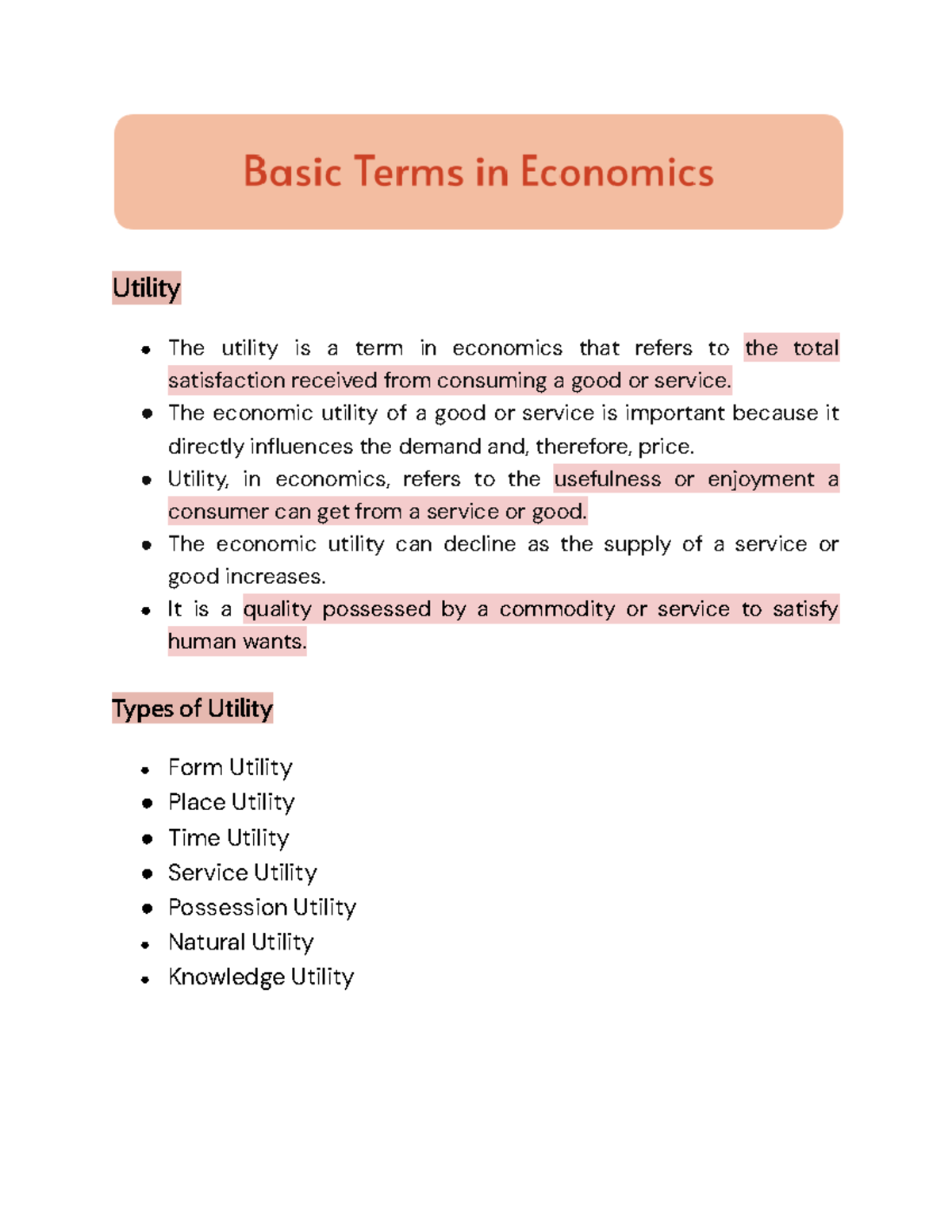 Basic Economic Terms Understanding Utility Goods U0026 Statements Studocu