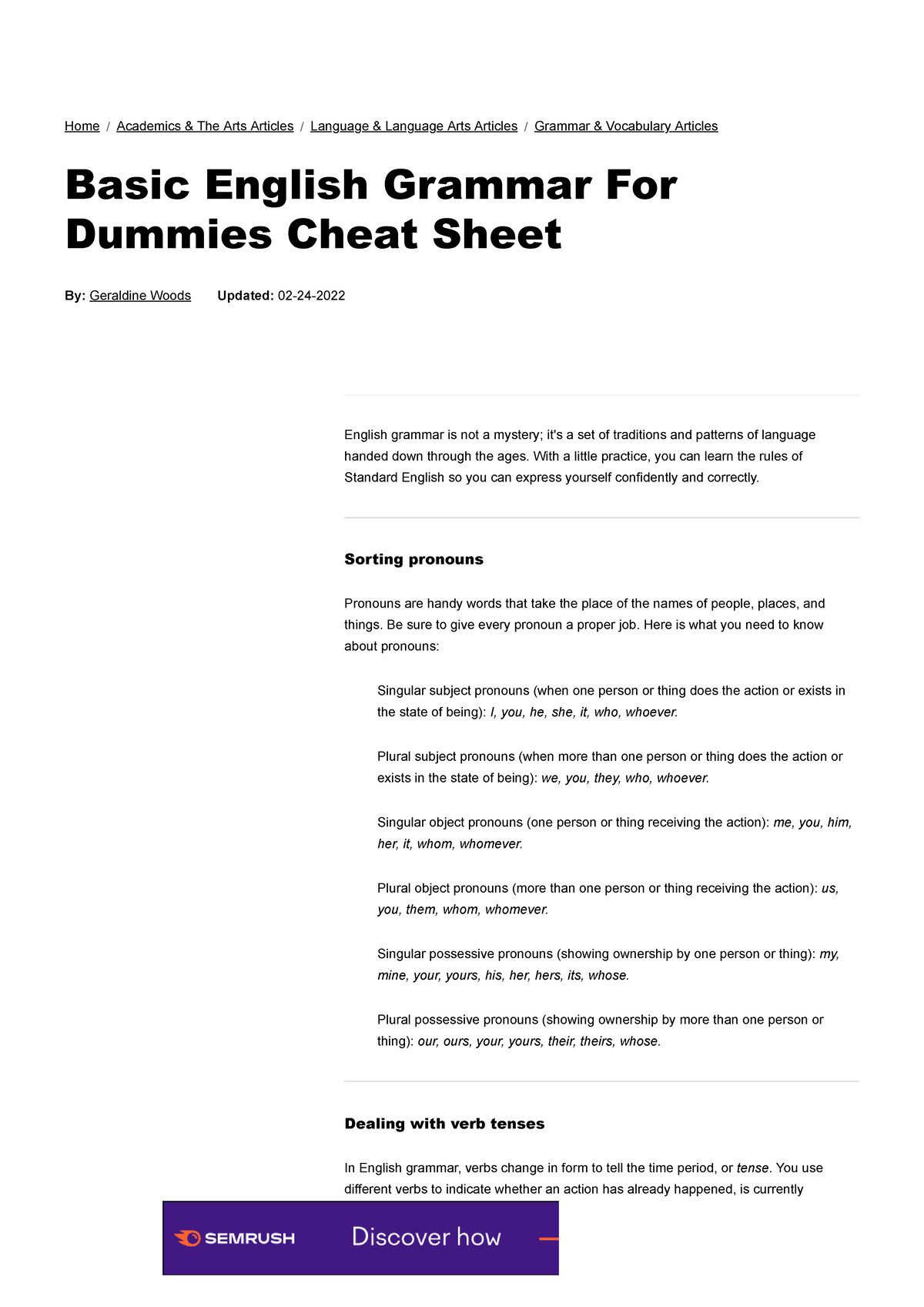 Basic English Grammar For Dummies Cheat Sheet Dummies English Grammar Is Not A Mystery It s A Studocu