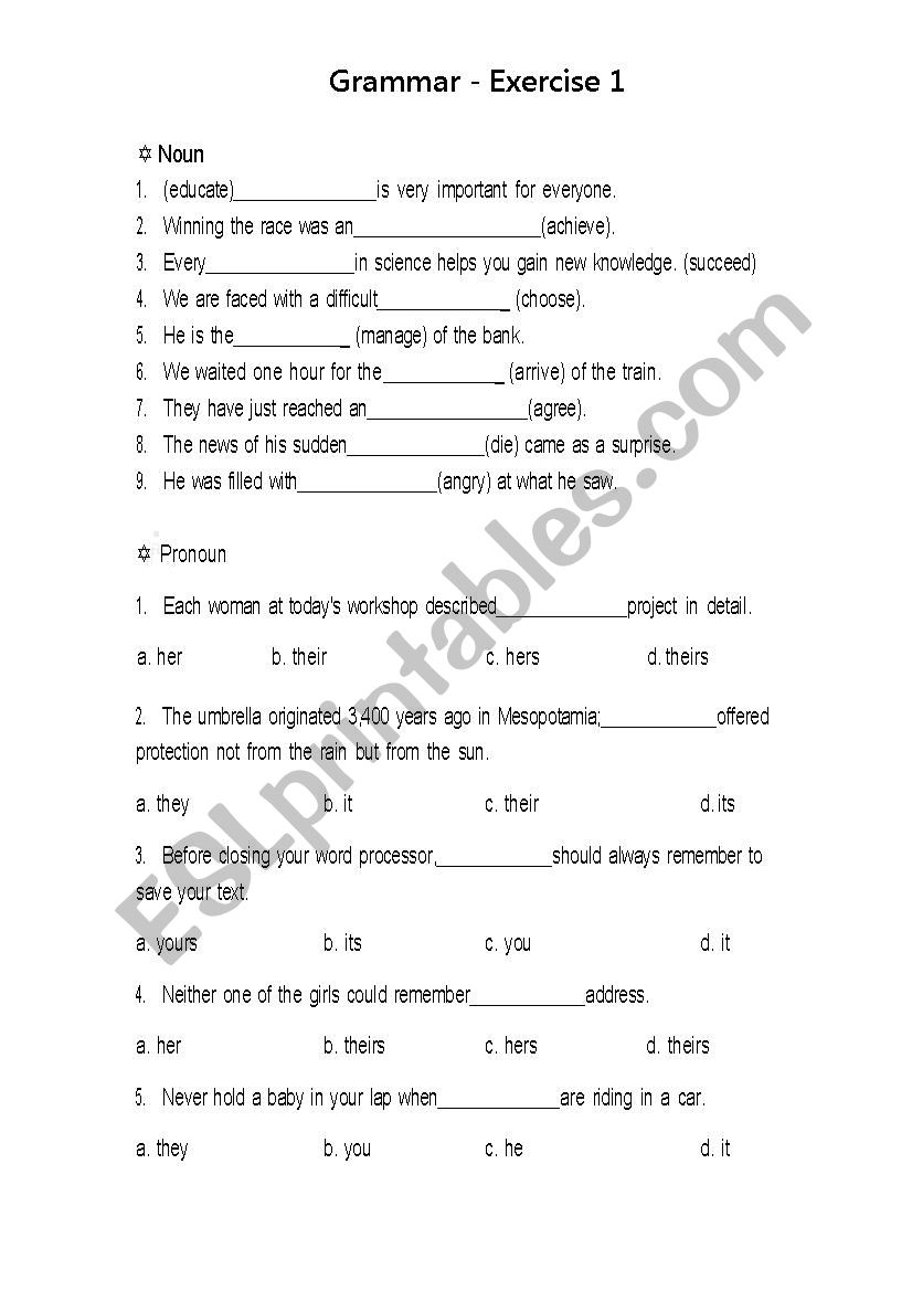 Basic Grammar Exercise 1 Noun Pronoun Verb Adjective Adverb ESL Worksheet By Gift piglet